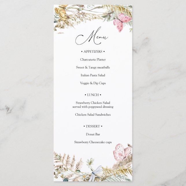 Butterfly on the Way Boho Baby Shower Menu (Front)