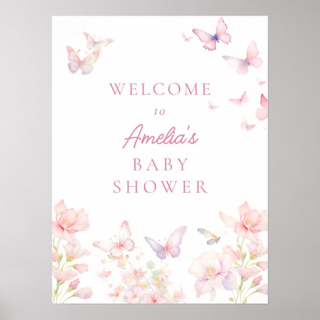 Butterfly on the Way Pink Baby Shower Welcome Sign (Front)