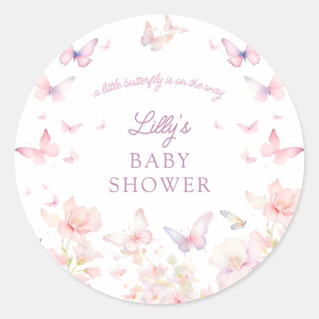 Butterfly on the Way Pink Flowers Baby Shower Classic Round Sticker (Front)