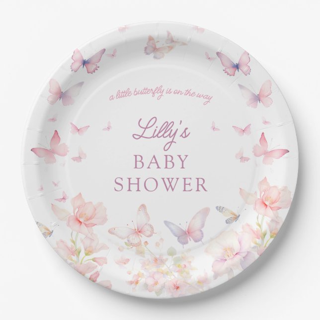 Butterfly on the Way Pink Flowers Baby Shower Paper Plate (Front)