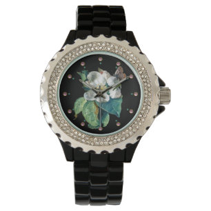 BUTTERFLY ON THE WHITE FLOWER , BLACK FLORAL WATCH