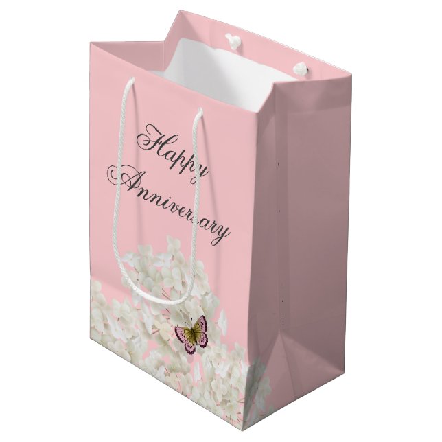 Butterfly on White Hydrangea Anniversary Medium Gift Bag (Front Angled)