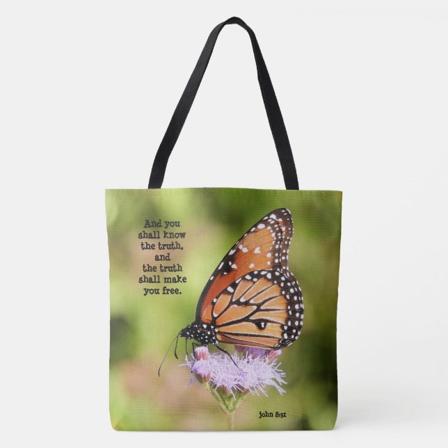 Butterfly on Wildflower, with Verse (John 8:32)  Tote Bag (Front)
