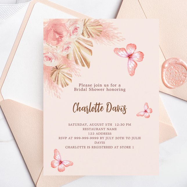 Butterfly pampas grass pink rose Bridal Shower Invitation Postcard (Creator Uploaded)