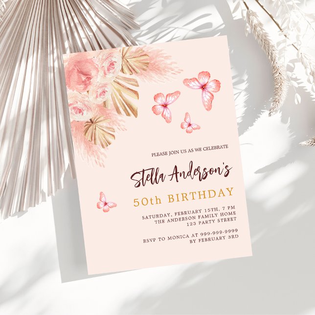 Butterfly pampas grass pink rose gold birthday invitation postcard (Creator Uploaded)