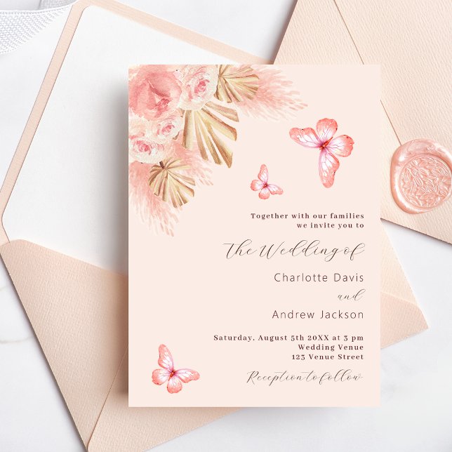 Butterfly pampas grass pink rose gold wedding invitation postcard (Creator Uploaded)