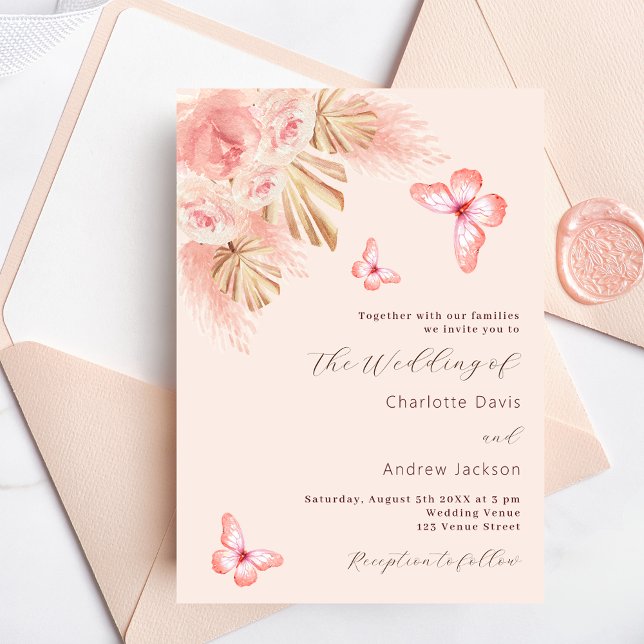 Butterfly pampas grass rose gold luxury wedding invitation (Creator Uploaded)