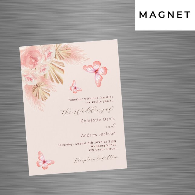 Butterfly pampas grass rose gold luxury wedding magnetic invitation (Creator Uploaded)