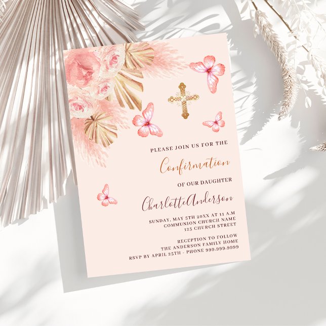 Butterfly pampas rose peach luxury Confirmation Invitation (Creator Uploaded)