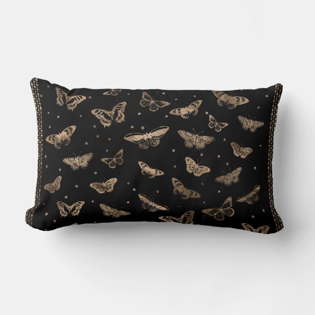 Butterfly pattern black and gold lumbar cushion (Front)