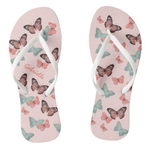 Butterfly Pattern Coral Pink & Teal - Personalised Jandals