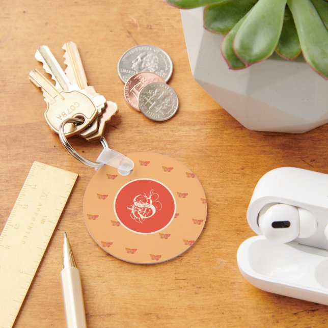 Butterfly Pattern Modern Initial Monogram Template Key Ring (Desk)