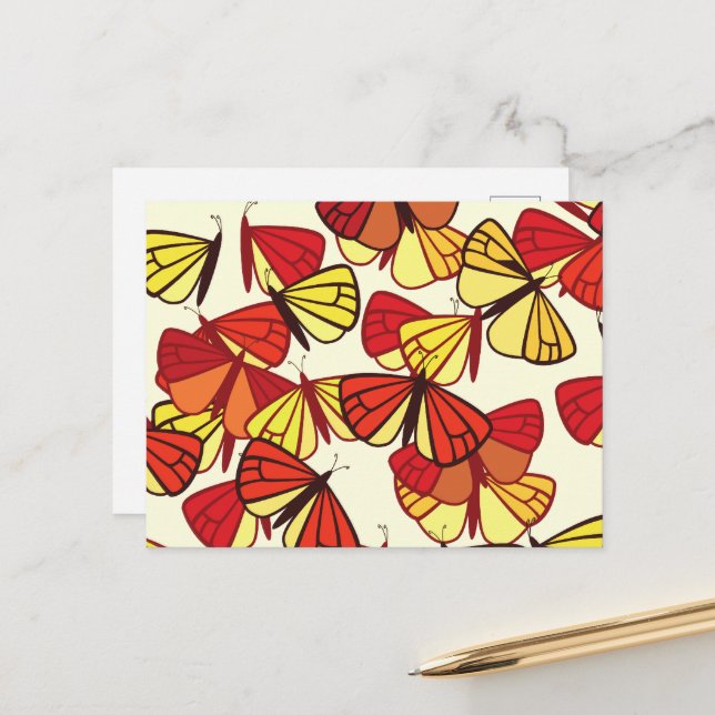 Butterfly Pattern, Pattern Of Butterflies, Red Postcard (Front/Back In Situ)