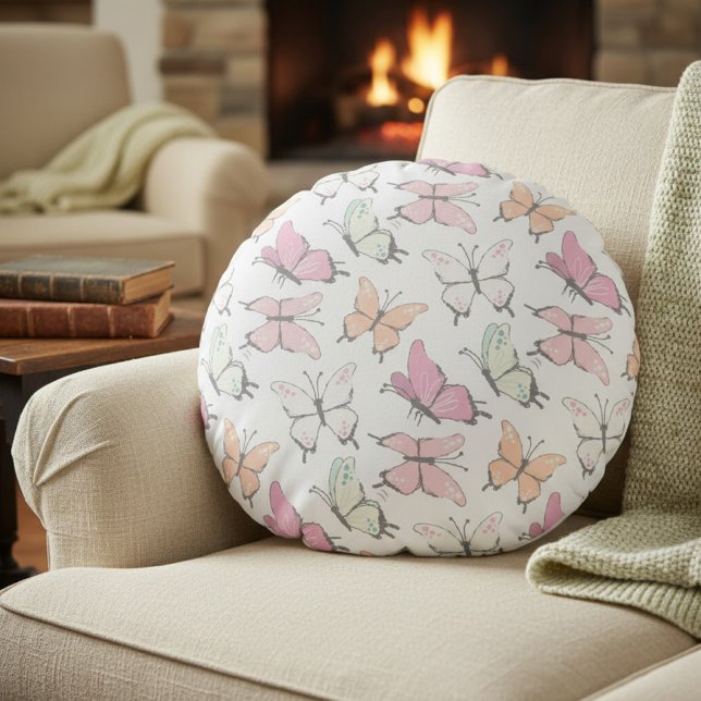 Butterfly Pattern Round Cushion (round pillow with butterfly pattern)