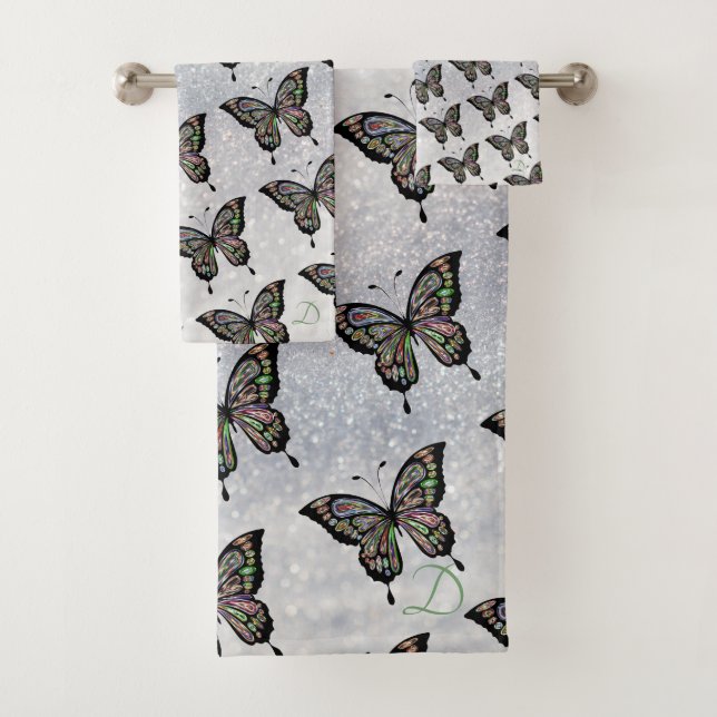 Butterfly Pattern Silver Towel Set (Insitu)