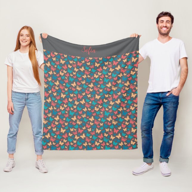 Butterfly pattern turquoise purple grey name fleece blanket (In Situ)