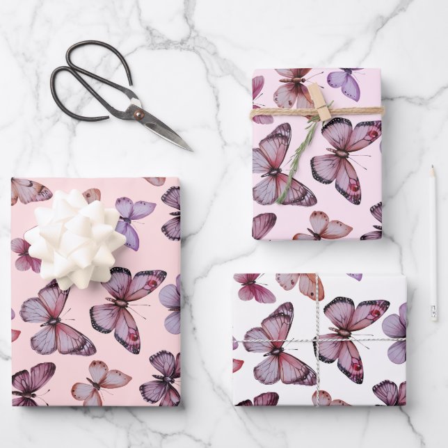 Butterfly Pattern Watercolor Elegant Pretty Gift Wrapping Paper Sheet (Front)