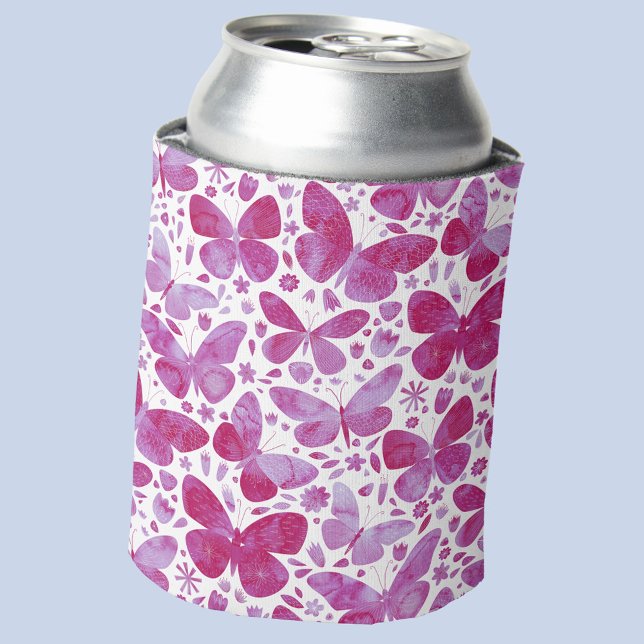 Butterfly Pattern Watercolor Magenta Hot Pink Can Cooler (Magenta hot pink watercolor butterfly pattern can cooler)