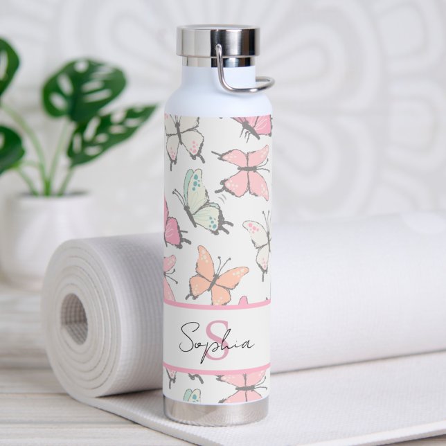 Butterfly Pattern with Name and Monogram Water Bottle (Creator Uploaded)