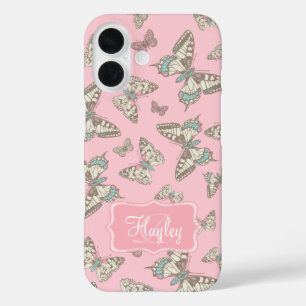 Butterfly patterned pink name iPhone 16 case