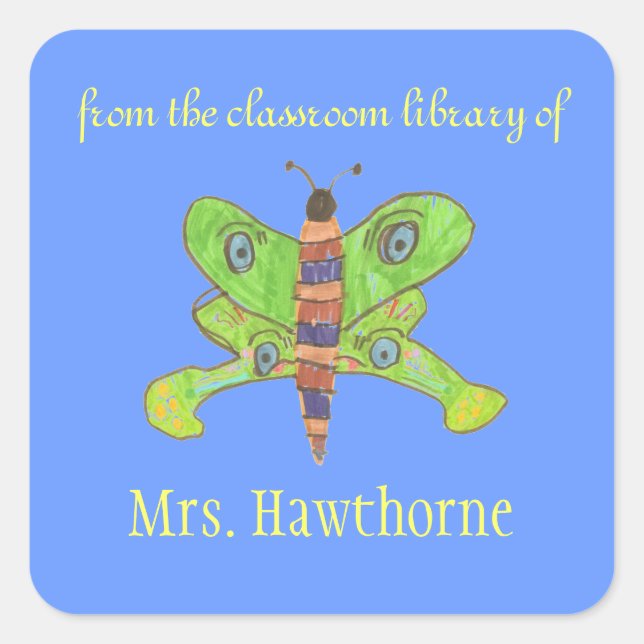 Butterfly personalized teacher bookplate square sticker (Front)