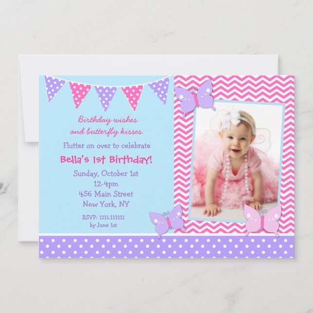 Butterfly Photo Birthday Invitations (Front)