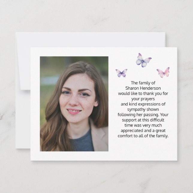 Butterfly Photo Funeral Thank You Note Card (Front)