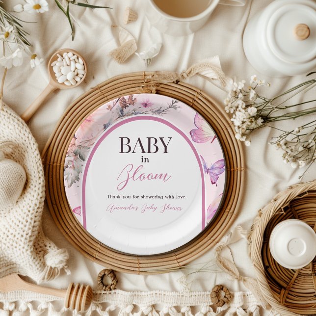 Butterfly Pink Baby in Bloom Girl Baby Shower Paper Plate (Creator Uploaded)