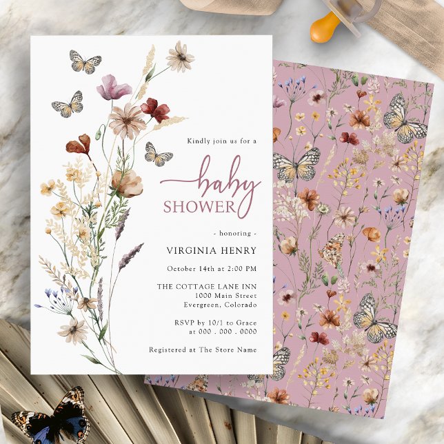Butterfly Pink Baby Shower Invitation (Pink Boho Wildflower Butterfly Baby Shower Invitation by Painted Paperie)