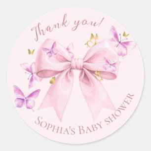 Butterfly Pink Bow Baby Shower  Classic Round Sticker