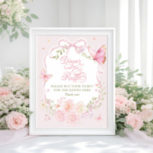 Butterfly Pink Bow Floral Diaper Raffle Poster