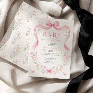 Butterfly pink bow wildflower girl baby shower invitation