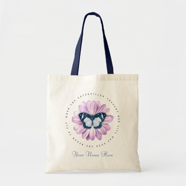 Butterfly Pink Daisy Inspirational Add Your Name Tote Bag (Front)