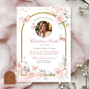 Butterfly Pink Elegant Floral Funeral Invitation