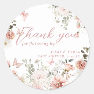 Butterfly Pink Floral Baby Shower fluttering by Classic Round Sticker