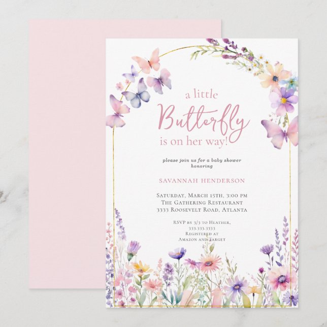Butterfly Pink Floral Baby Shower Invitation (Front/Back)