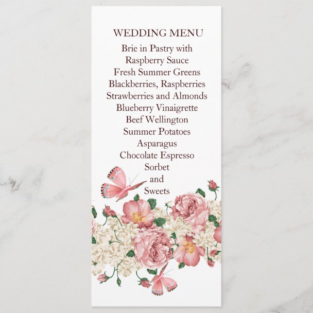 Butterfly Pink Floral Garden Wedding Menu (Front)
