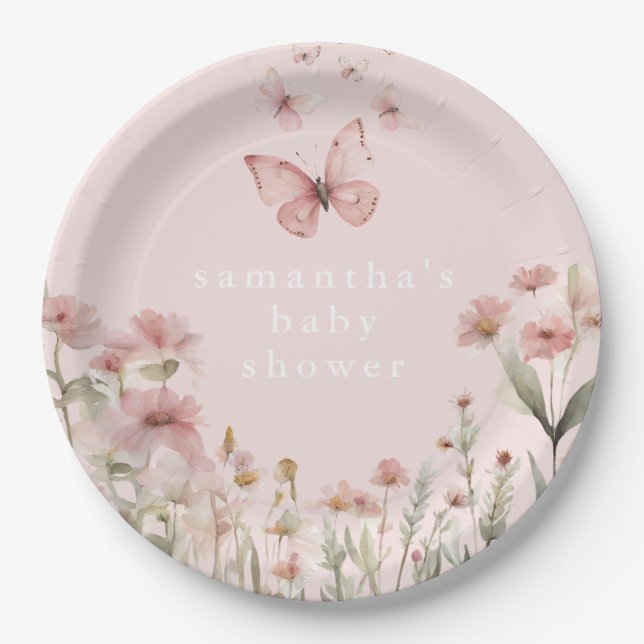 Butterfly pink floral wildflowers girl baby shower paper plate (Front)
