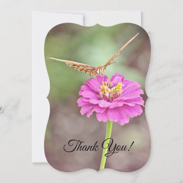 Butterfly Pink Flower Thank You Flat Note Card (Front)