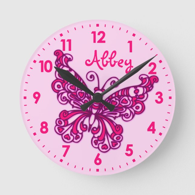Butterfly pink girls room name wall clock (Front)