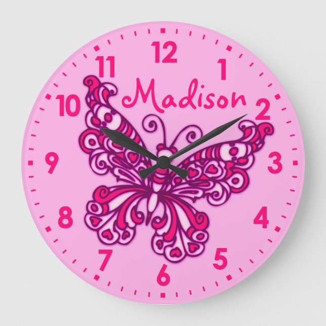 Butterfly pink girls room name wall clock (Front)
