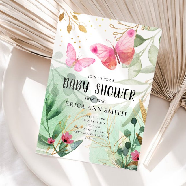 Butterfly Pink Gold Greenery Tea Party Baby Shower Invitation (Creator Uploaded)