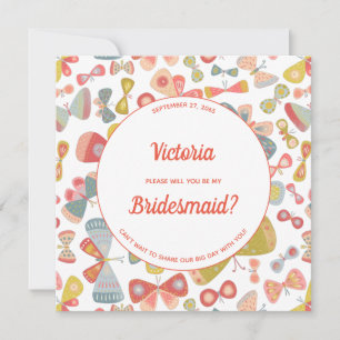Butterfly Pink Green Be My Bridesmaid Invitation