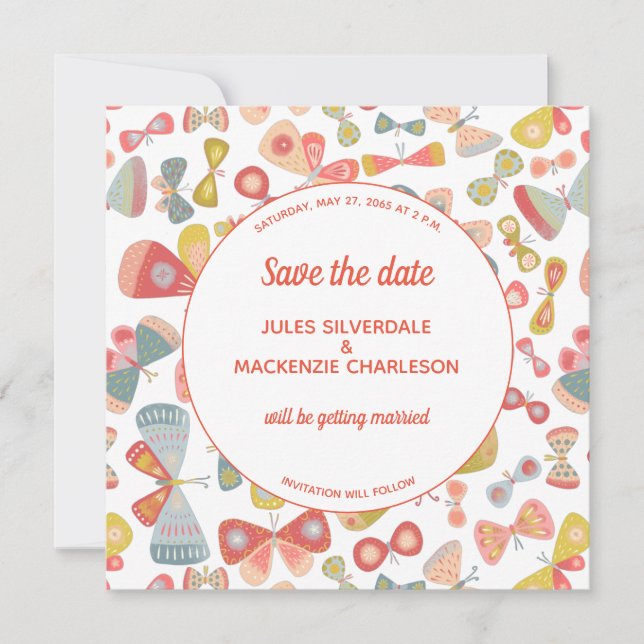 Butterfly Pink Green  Save The Date (Front)