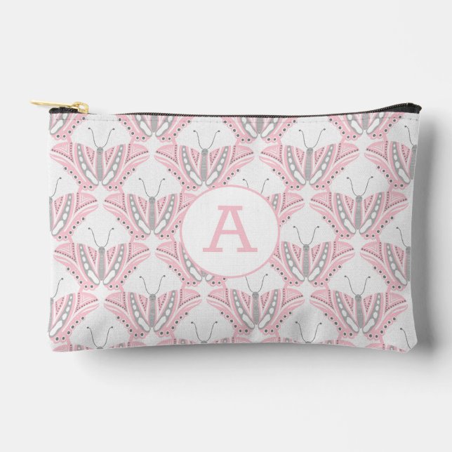 Butterfly pink grey monogram accessory pouch (Front)