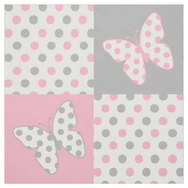 Butterfly Pink Grey Polka Dots Fabric (Swatch)