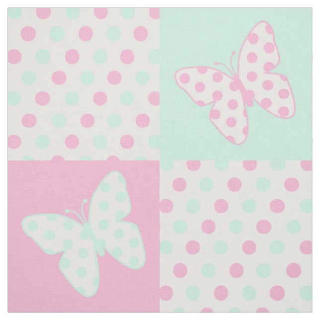 Butterfly Pink Mint Green Polka Dots Fabric (Swatch)