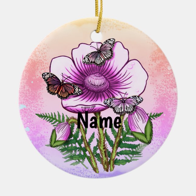 Butterfly Pink Poppy  Ceramic Tree Decoration (Front)