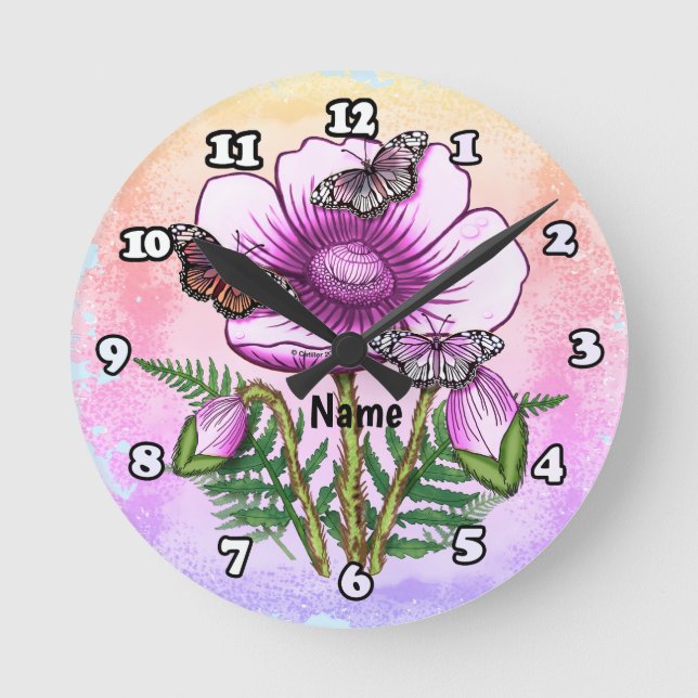 Butterfly Pink Poppy  Round Clock (Front)