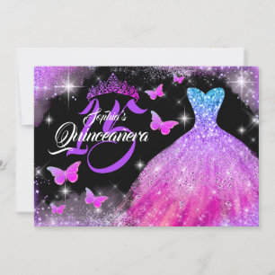 Butterfly Pink Purple Blue Dress Quinceanera  Invitation